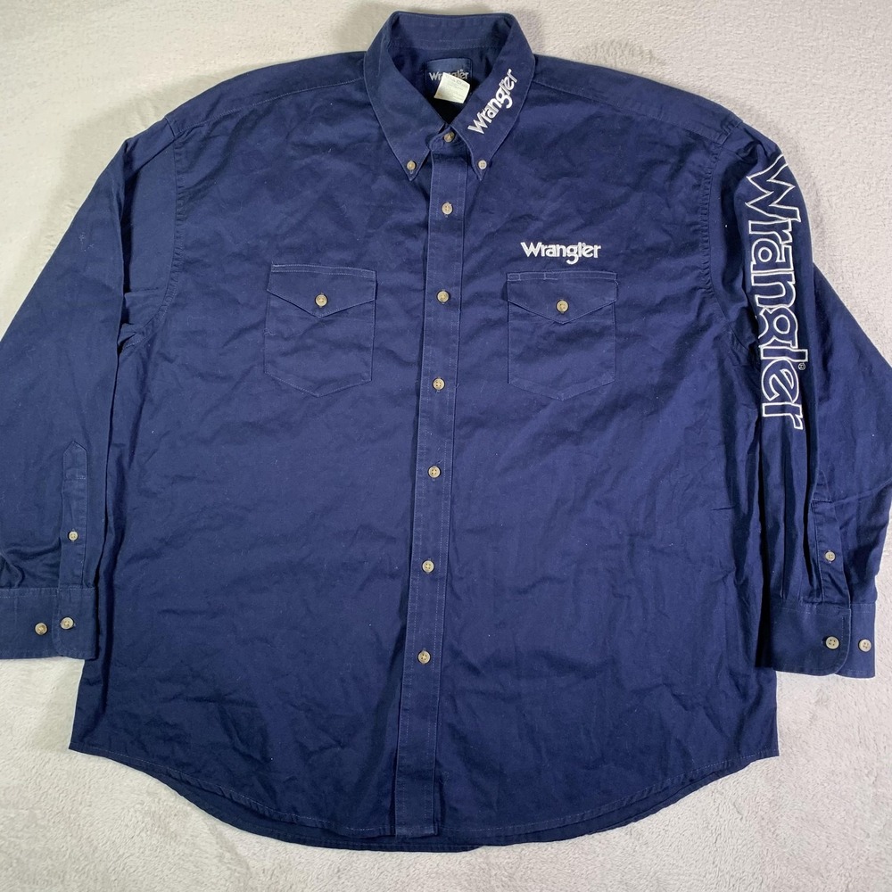 Wrangler Shirt Mens 2XL Blue Solid Western Long Sleeve Button Down Embroidered